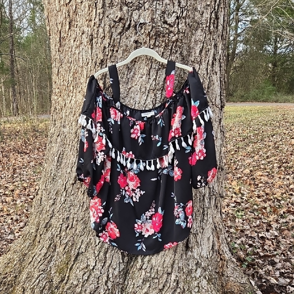 living doll Black Floral Cold-Shoulder Blouse with Tassels